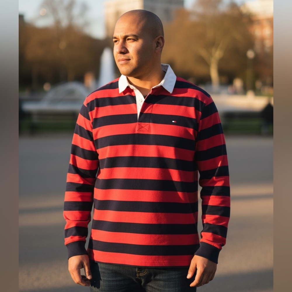Y2K Tommy Hilfiger Jeans Rugby Shirt Red Navy Stripe Long Sleeve XL